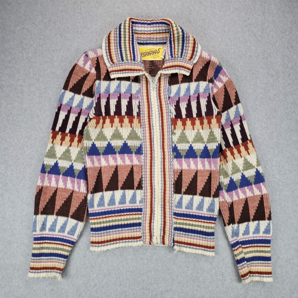 Bananas by Nancy Bossio Zip Cardigan Women XS Multicolor 70s Geometric Knit